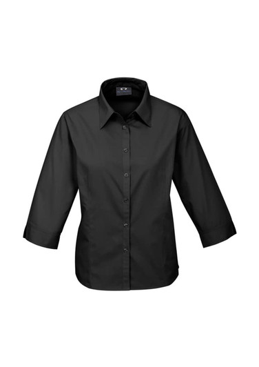 A dark black women's 3/4 sleeve button-up shirt with a collared neckline and a logo on the chest.