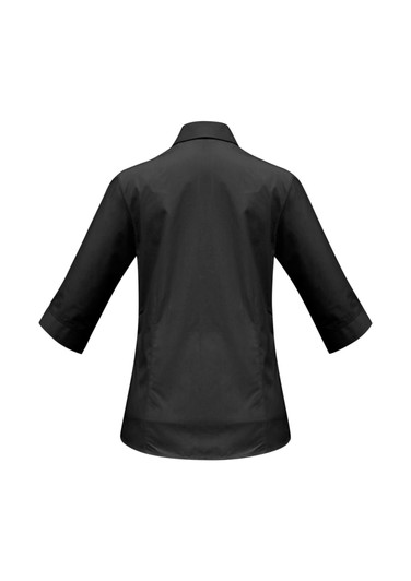 A women's black 3/4 sleeve button-up shirt with a collar and back detailing. The shirt features a logo.