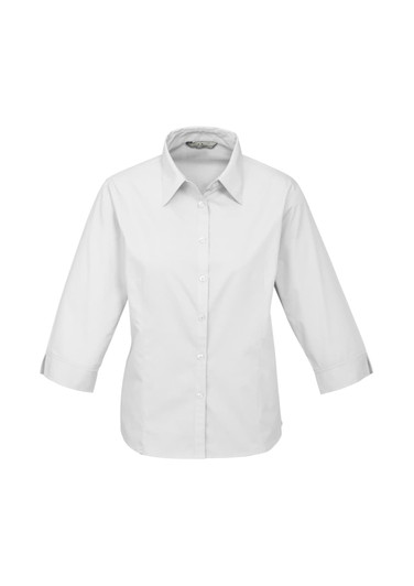 A women's white button-up shirt with 3/4 sleeves and a classic collar, featuring a logo.