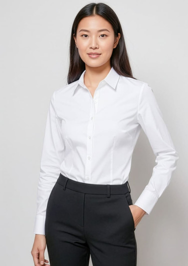 A white long sleeve button-up shirt styled with a classic collar, paired with black trousers. The shirt features branding.