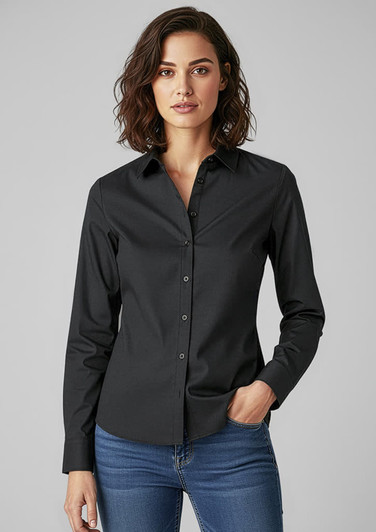 A long sleeve women's button-up shirt in black, featuring a collared neck and a fitted silhouette.