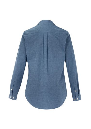 A women's long sleeve button-up shirt in blue with a collar and a back pleat, featuring buttoned cuffs.