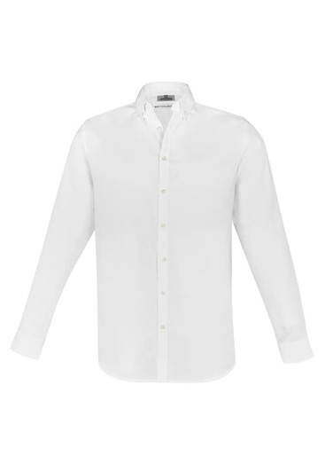 A white long sleeve button-up shirt with a collar and a logo on the chest.