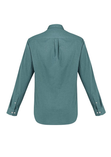 A men's long sleeve button-up shirt in teal with a classic design and a back pleat. Features cuffs with buttons.