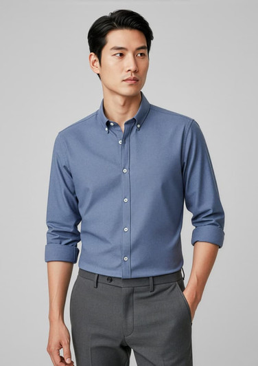 A men's button-up shirt in blue with long sleeves and a collar, paired with grey trousers.