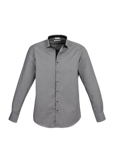 A button-up long sleeve shirt in grey with a subtle pattern and contrasting black collar. It features a logo.