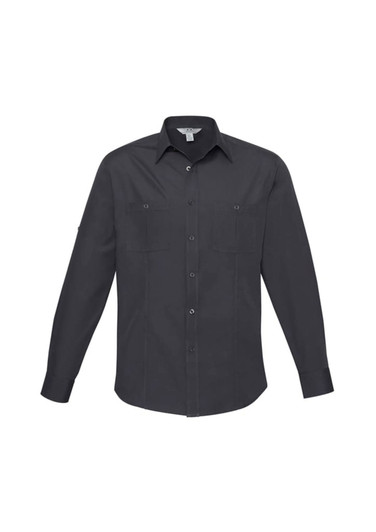 A men's long sleeve button-up shirt in dark grey, featuring two chest pockets and a collar. It has a subtle logo.