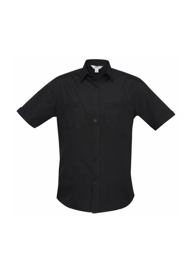 A black short sleeve button-up shirt featuring two chest pockets and a logo on the tag.