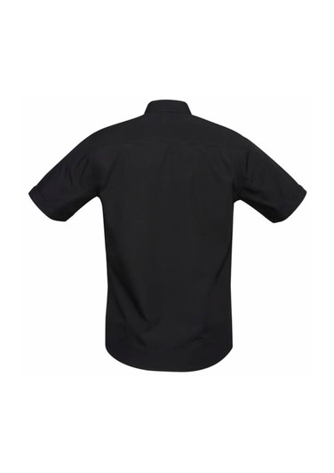 A black men's Bondi short sleeve shirt with a button-up design and rolled sleeves, featuring a logo.