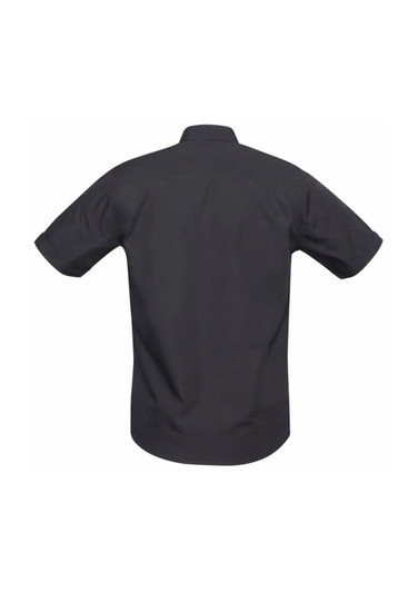 A black men's short sleeve button-up shirt, featuring a standard collar and a back yoke design.