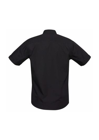A black short sleeve button-up shirt featuring a classic collar and a logo on the back.