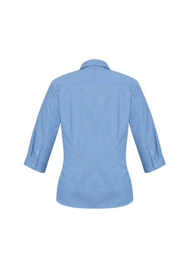 A women's blue check patterned 3/4 sleeve button-up shirt with a fitted design and rolled sleeves.
