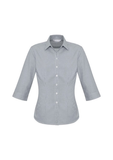 A women's button-up shirt in a checkered pattern, featuring 3/4 sleeves and a collar. The shirt has a fitted design.