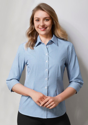 A women's button-up shirt in blue and white check pattern with 3/4 sleeves, featuring a collar and buttons.