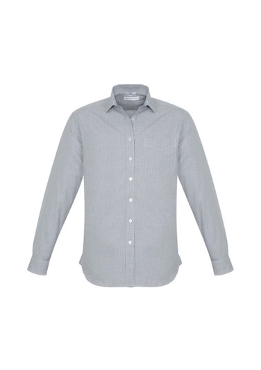 A long sleeve button-up shirt in a green and white striped pattern, featuring a logo on the chest.