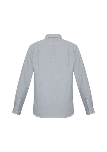 A long sleeve button-up shirt in a grey houndstooth pattern, featuring a collar and buttoned cuffs.