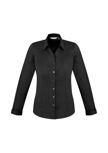 A black women's long sleeve button-up shirt featuring a classic collar and a fitted design. It has a logo on the label.