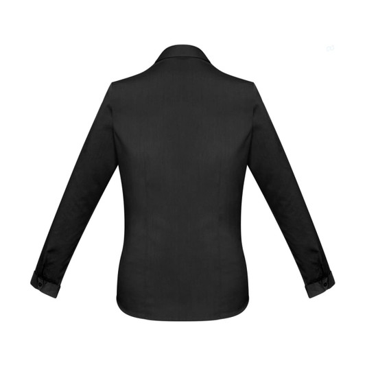 A women's long sleeve button-up shirt in black, featuring a classic collar and a tailored fit. It has a logo.