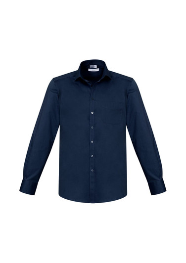 A navy long sleeve button-up shirt with a single chest pocket and a collar. It features a logo on the label.