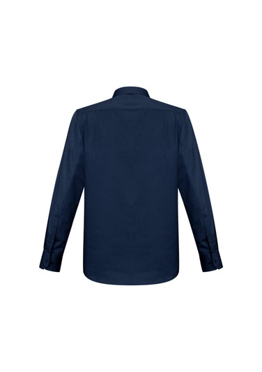 A navy blue long sleeve button-up shirt with a collar and cuffed sleeves. Features a logo.