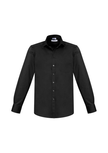 A black long sleeve button-up shirt featuring a chest pocket and a logo on the collar.
