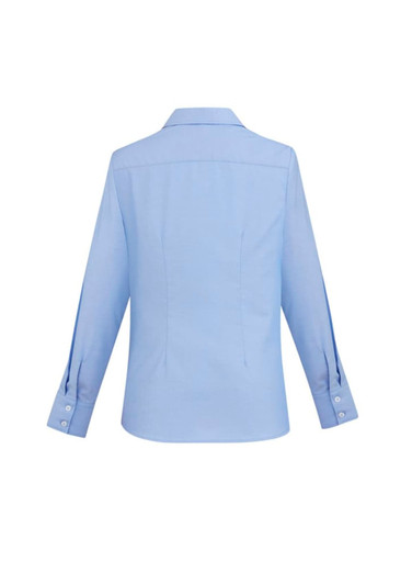 A blue women's button-up shirt with long sleeves and a fitted back design. It features a collar and buttons at the cuffs.