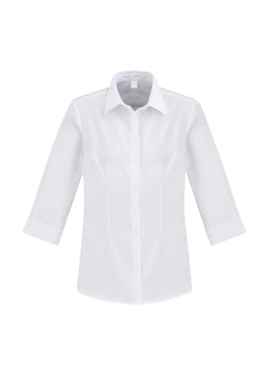 A white women's button-up shirt with 3/4 sleeves and a collar, featuring a logo on the front.