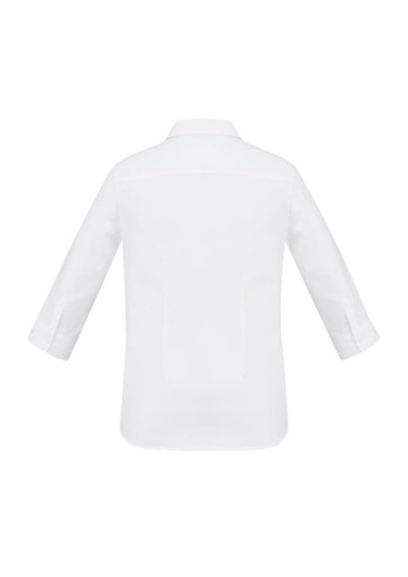A white women's 3/4 sleeve button-up shirt featuring a back view with a subtle logo.