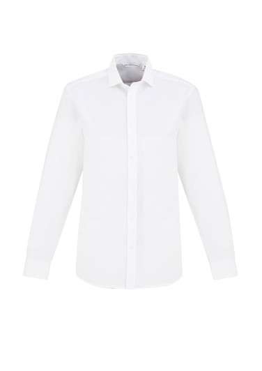 A white long sleeve button-up shirt with a collar, featuring a logo on the chest.