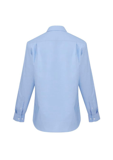 A light blue men's button-up shirt with long sleeves and a classic collar, featuring a logo on the back.
