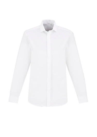 A white men's button-up shirt with a long sleeve and a collar, featuring a logo on the chest.
