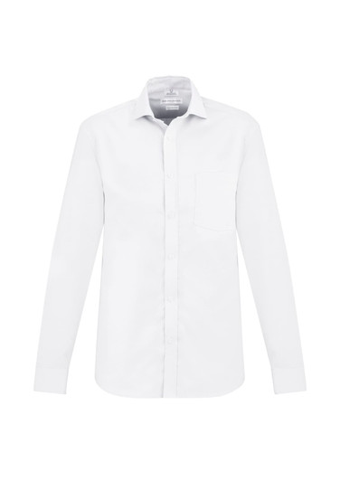A white long-sleeve button-up shirt with a pocket and a logo on the collar.