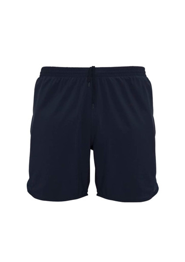 Navy blue sports shorts featuring an elastic waistband and a logo. Ideal for activewear and comfortable movement.