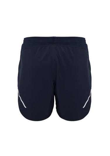 A pair of navy sports shorts featuring white detailing and an elastic waistband. Includes a logo on the back.