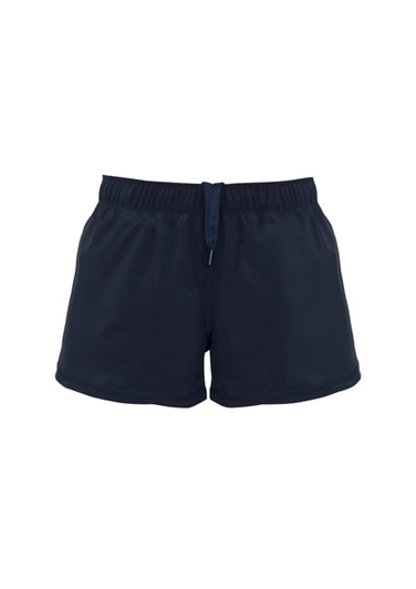 A pair of dark navy women's sports shorts with an elastic waistband and drawstring detail. Features a logo.