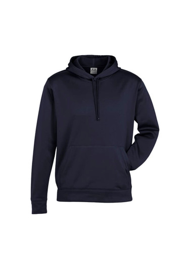 A navy men's hoodie featuring a front pocket and a drawstring hood. The design includes a logo on the front.