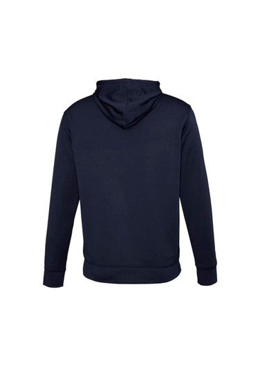 A men's hoodie in navy blue, featuring a hood and long sleeves, with a logo on the back.
