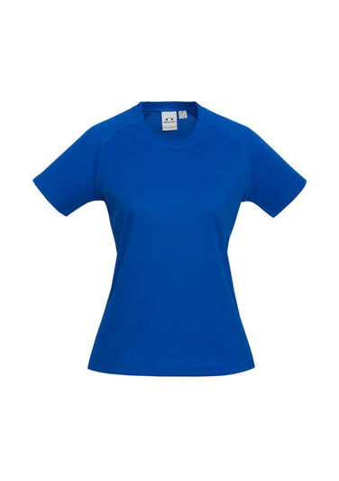 A blue women's short sleeve tee with a fitted design and a logo on the front.