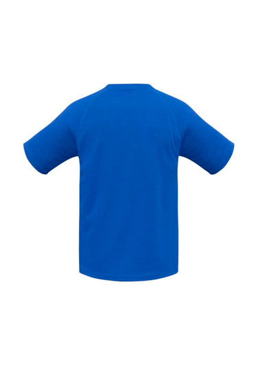 A blue short sleeve tee with a raglan style and a plain back. Features a logo.