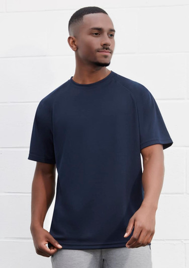 A navy blue short sleeve tee featuring a classic design and relaxed fit, with a logo on the chest.