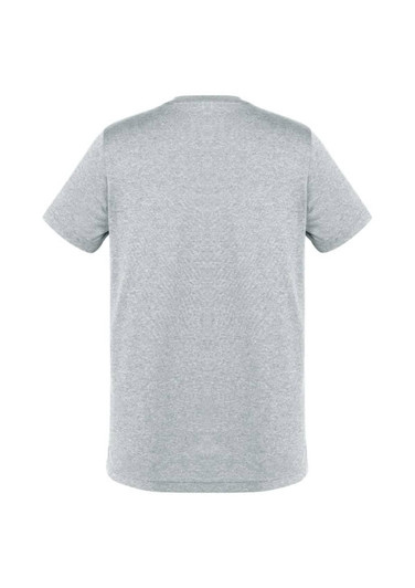 Grey short sleeve tee shirt featuring a round neck and a plain back design. It includes a logo.