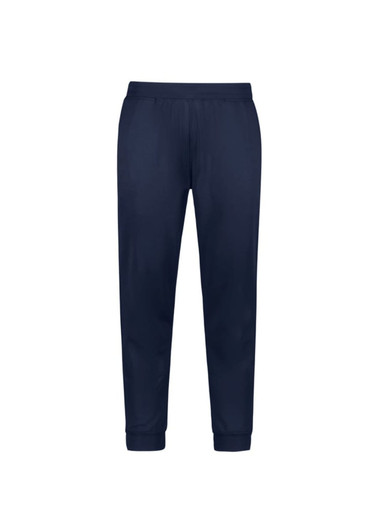 Navy track pants featuring an elastic waistband and cuffs, with a logo on the front.