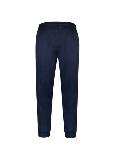 A pair of navy track pants with an elastic waistband and cuffs, featuring a logo.
