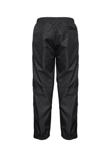 Black track pants with an elastic waistband and gathered cuffs, featuring a branding logo.