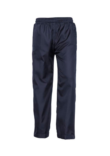 Navy track pants with an elastic waistband, featuring side pockets and a small logo. Ideal for active kids.