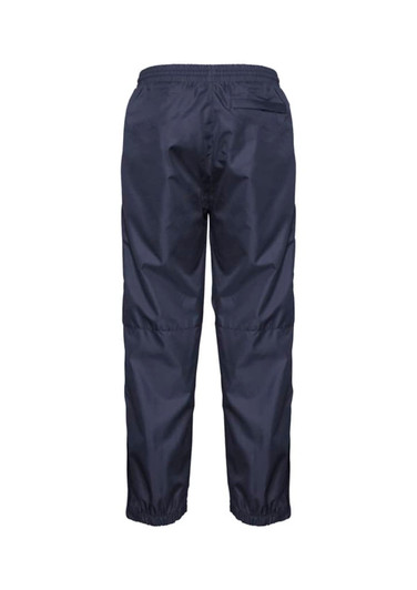 A pair of navy blue track pants with an elastic waistband and elastic cuffs at the ankles, featuring a branding logo.