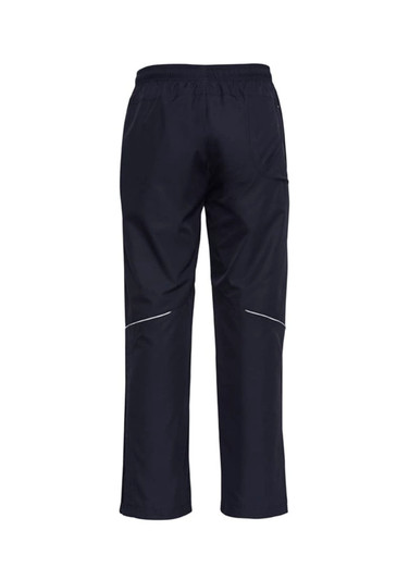 A pair of unisex track pants in navy blue, featuring reflective detailing and an elasticated waistband.