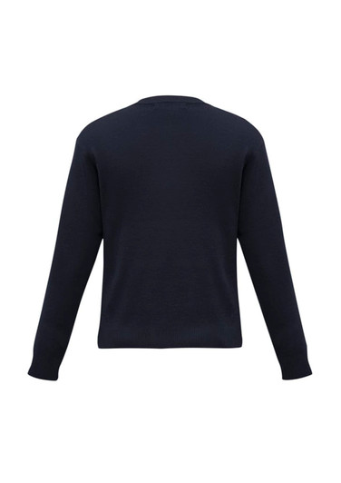 A dark navy wool-mix knitted pullover with long sleeves and a crew neck. It has a logo on the back.