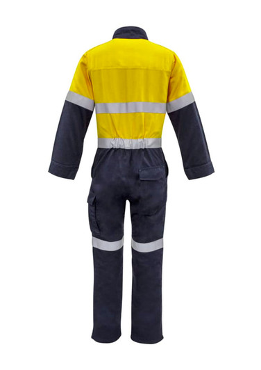 A work overall in orange and dark blue, featuring hoop tape reflective stripes and a logo on the back.