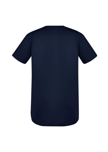 A navy blue men's T-shirt with short sleeves and a rounded hem, featuring a logo.